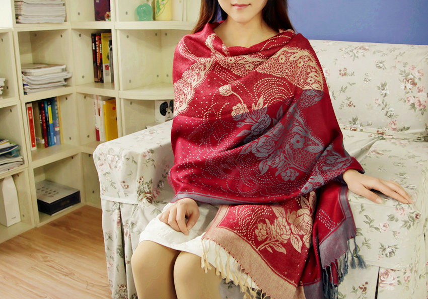 Pretty Autumn and Winter Cape Tassels Floral Print Shawl National Style Warm Long Scarf - Red