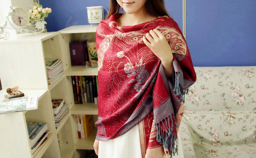 Pretty Autumn and Winter Cape Tassels Floral Print Shawl National Style Warm Long Scarf - Red