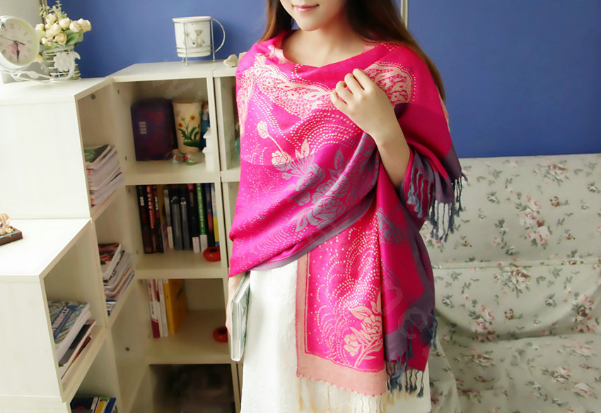 Pretty Autumn and Winter Cape Tassels Floral Print Shawl National Style Warm Long Scarf - Rose