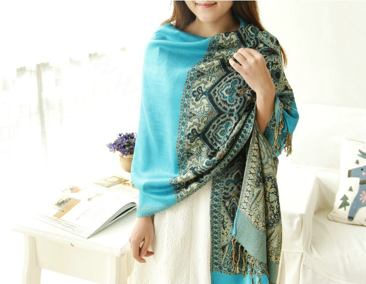 Pretty Extra large Jacquard Tassels Cape Floral Print Shawl National Style Warm Long Scarf - Blue