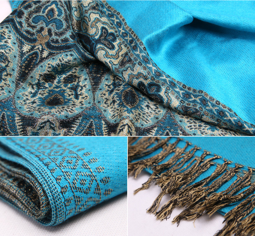 Pretty Extra large Jacquard Tassels Cape Floral Print Shawl National Style Warm Long Scarf - Blue
