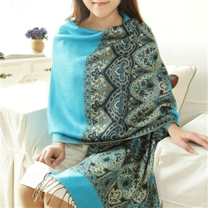 Pretty Extra large Jacquard Tassels Cape Floral Print Shawl National Style Warm Long Scarf - Blue
