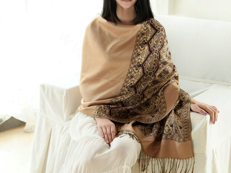Pretty Extra large Jacquard Tassels Cape Floral Print Shawl National Style Warm Long Scarf - Camel