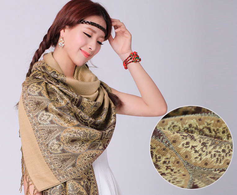 Pretty Extra large Jacquard Tassels Cape Floral Print Shawl National Style Warm Long Scarf - Camel