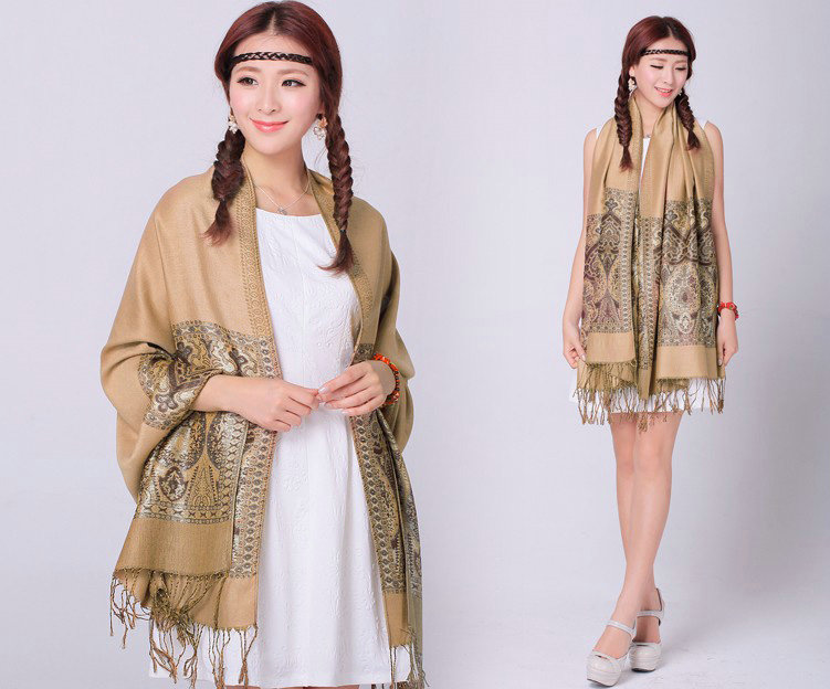 Pretty Extra large Jacquard Tassels Cape Floral Print Shawl National Style Warm Long Scarf - Camel