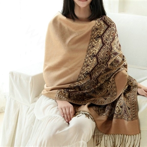Pretty Extra large Jacquard Tassels Cape Floral Print Shawl National Style Warm Long Scarf - Camel