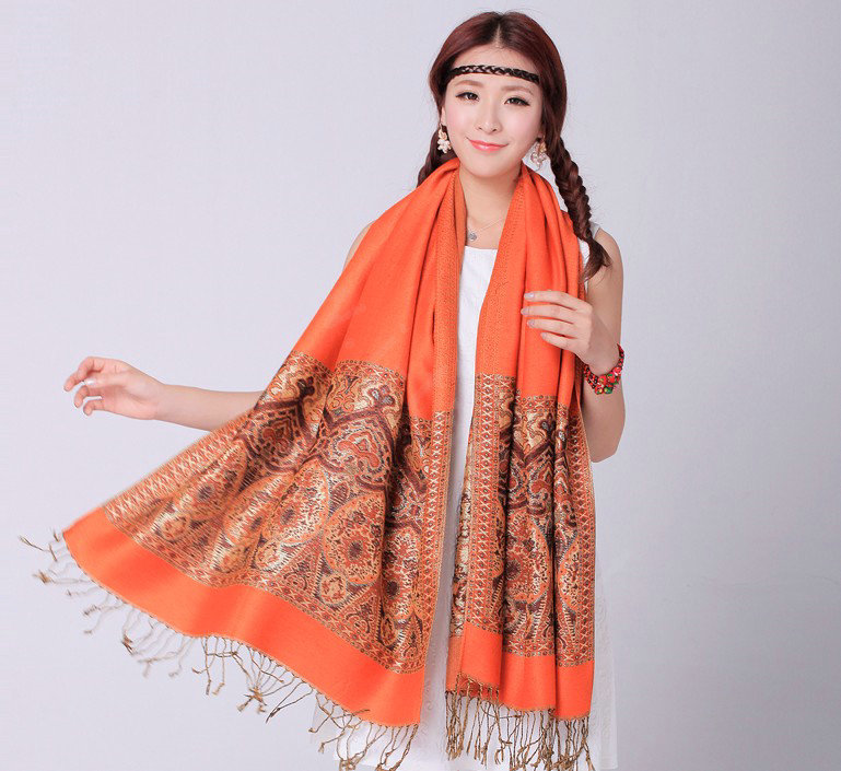 Pretty Extra large Jacquard Tassels Cape Floral Print Shawl National Style Warm Long Scarf - Orange