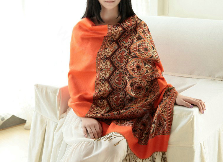 Pretty Extra large Jacquard Tassels Cape Floral Print Shawl National Style Warm Long Scarf - Orange