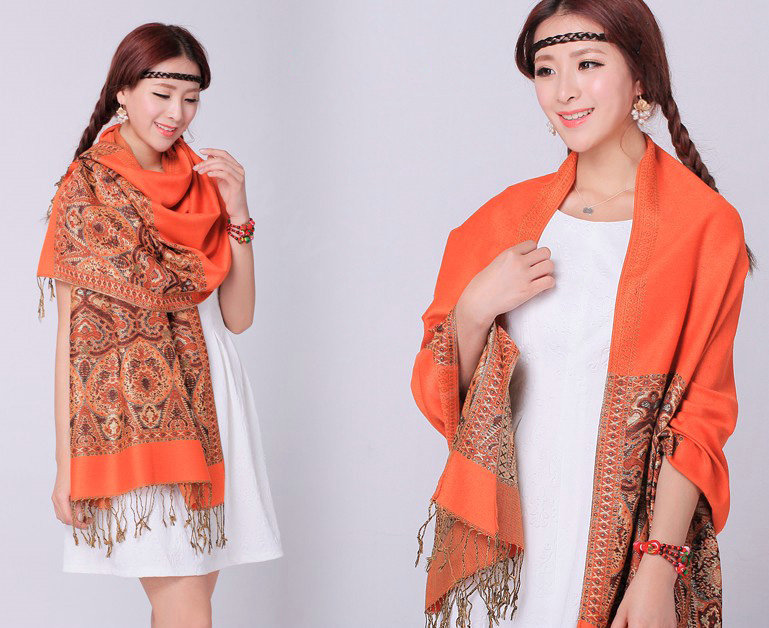 Pretty Extra large Jacquard Tassels Cape Floral Print Shawl National Style Warm Long Scarf - Orange