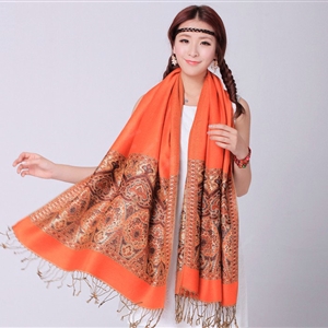 Pretty Extra large Jacquard Tassels Cape Floral Print Shawl National Style Warm Long Scarf - Orange