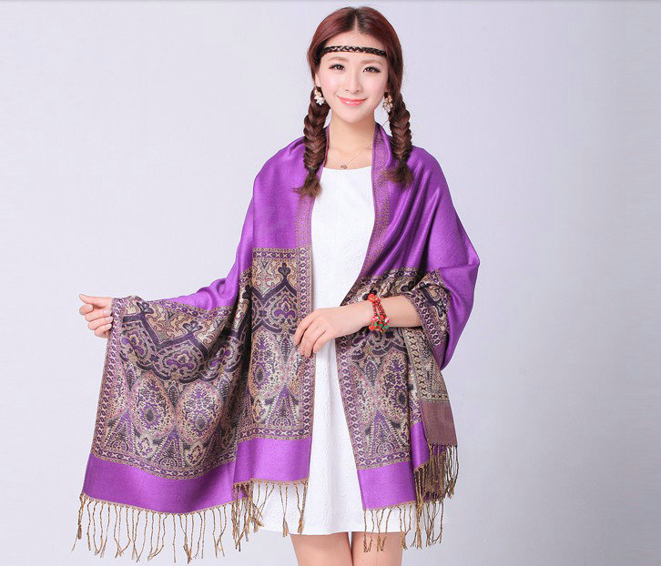 Pretty Extra large Jacquard Tassels Cape Floral Print Shawl National Style Warm Long Scarf - Purple