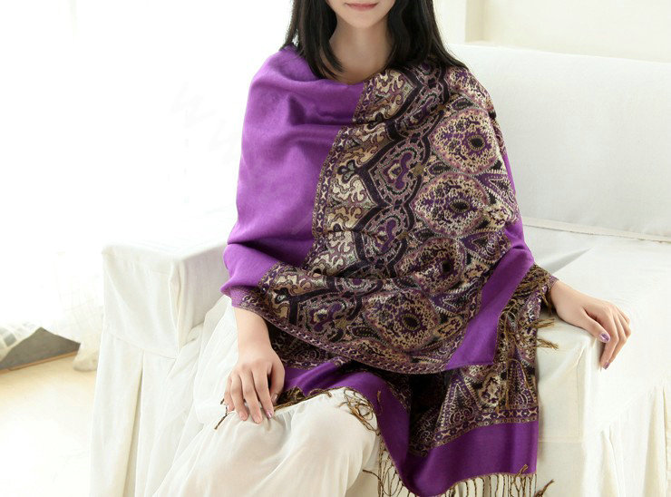 Pretty Extra large Jacquard Tassels Cape Floral Print Shawl National Style Warm Long Scarf - Purple