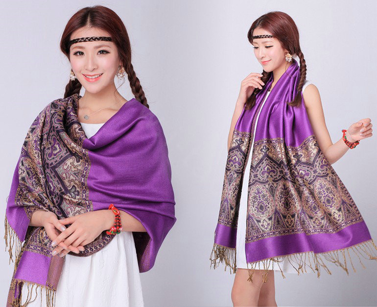 Pretty Extra large Jacquard Tassels Cape Floral Print Shawl National Style Warm Long Scarf - Purple