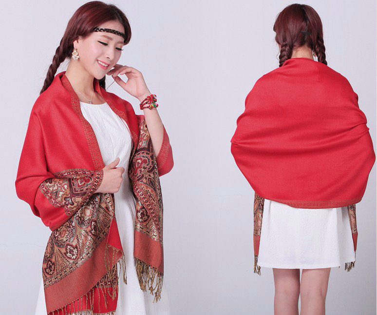 Pretty Extra large Jacquard Tassels Cape Floral Print Shawl National Style Warm Long Scarf - Red