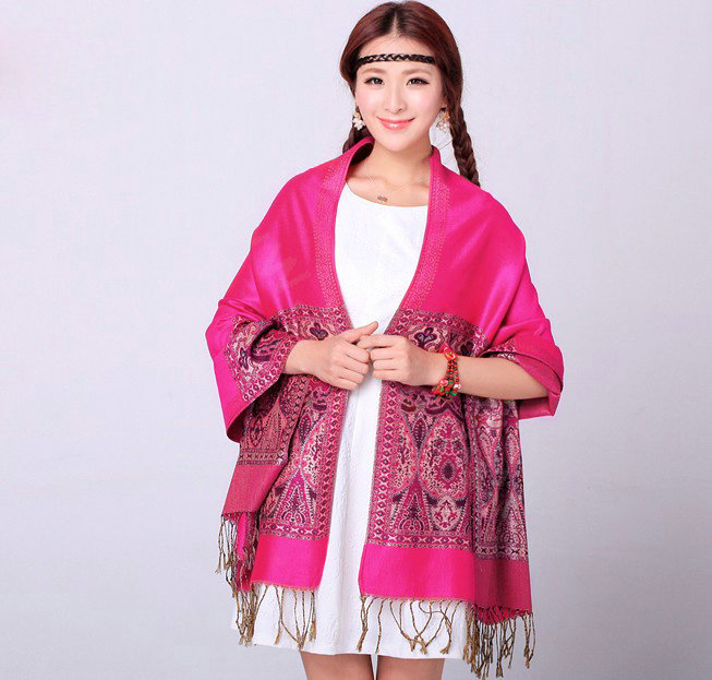 Pretty Extra large Jacquard Tassels Cape Floral Print Shawl National Style Warm Long Scarf - Rose