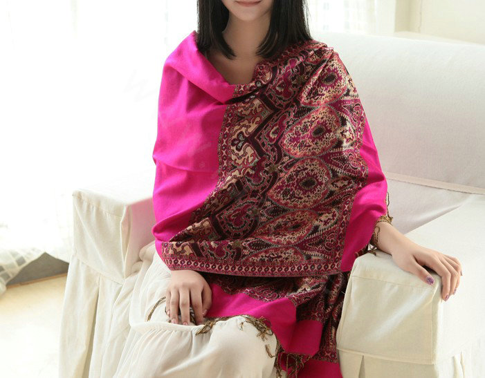 Pretty Extra large Jacquard Tassels Cape Floral Print Shawl National Style Warm Long Scarf - Rose