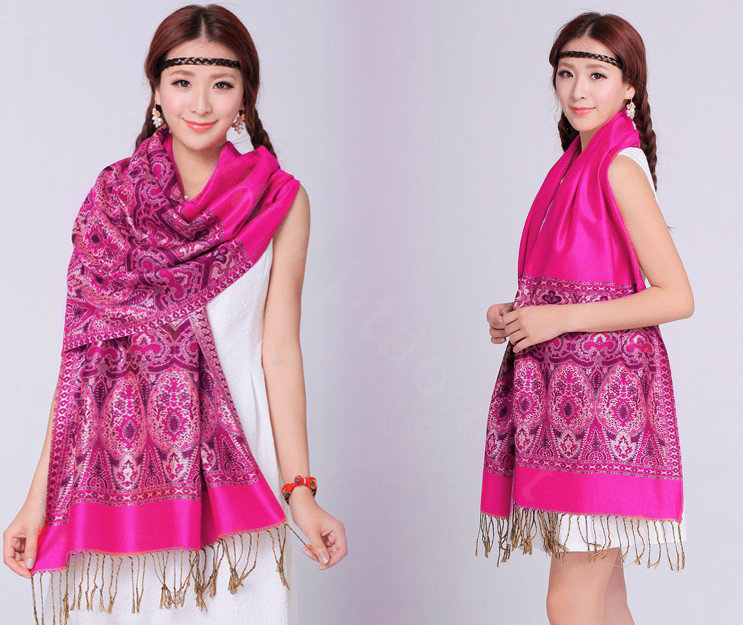 Pretty Extra large Jacquard Tassels Cape Floral Print Shawl National Style Warm Long Scarf - Rose