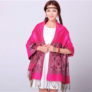 Pretty Extra large Jacquard Tassels Cape Floral Print Shawl National Style Warm Long Scarf - Rose