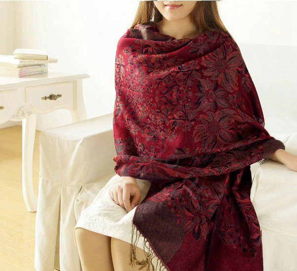 Unique Extra large Jacquard Tassels Cape Floral Print Shawl National Style Warm Long Scarf - Burgundy