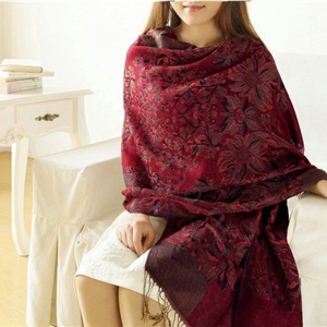 Unique Extra large Jacquard Tassels Cape Floral Print Shawl National Style Warm Long Scarf - Burgundy