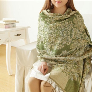 Unique Extra large Jacquard Tassels Cape Floral Print Shawl National Style Warm Long Scarf - Green