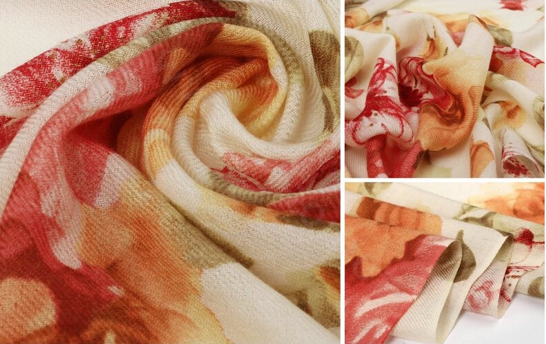 Classic Beautiful Floral Printing Wool Scarf Shawls Women Long Warm Pashmina Cape - Orange