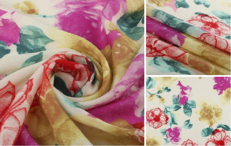Classic Beautiful Floral Printing Wool Scarf Shawls Women Long Warm Pashmina Cape - Rose