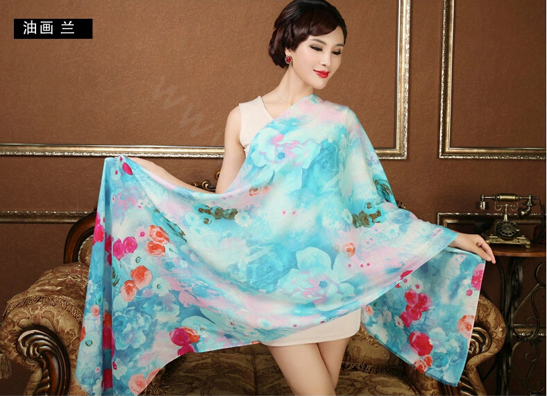 Classic Beautiful Flower Printing Wool Scarf Shawls Women Long Warm Pashmina Cape - Blue