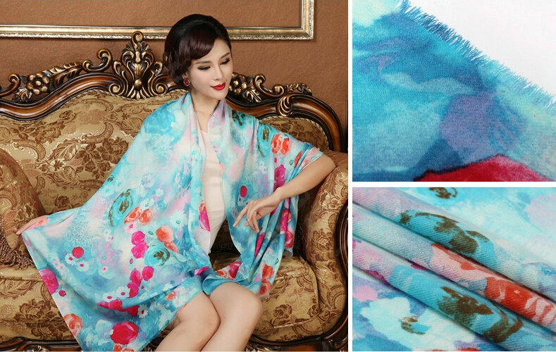 Classic Beautiful Flower Printing Wool Scarf Shawls Women Long Warm Pashmina Cape - Blue