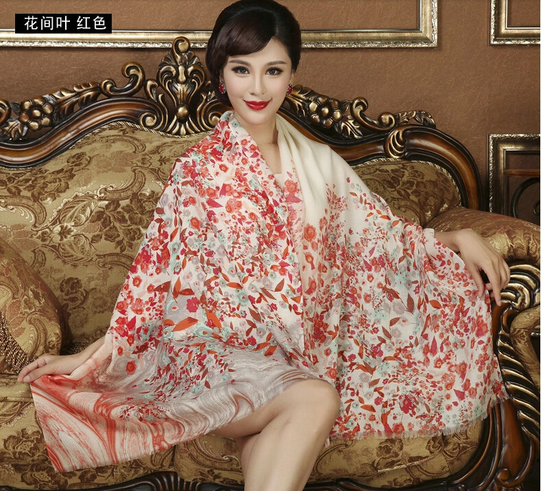 Classic Beautiful Flower Printing Wool Scarf Shawls Women Long Warm Pashmina Cape - Red