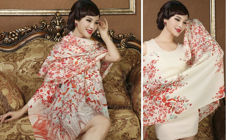 Classic Beautiful Flower Printing Wool Scarf Shawls Women Long Warm Pashmina Cape - Red
