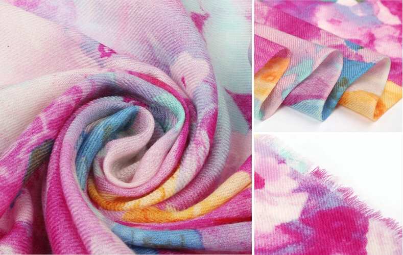 Classic Beautiful Flower Printing Wool Scarf Shawls Women Long Warm Pashmina Cape - Rose