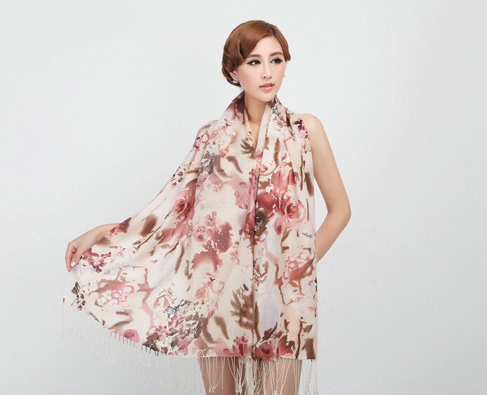 Classic Flower Printing Wool Shawls Scarf Women Long Warm Pashmina Cape - Coffee