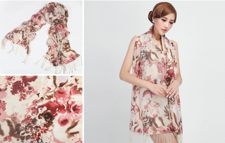 Classic Flower Printing Wool Shawls Scarf Women Long Warm Pashmina Cape - Coffee