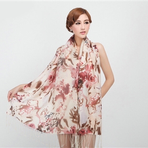 Classic Flower Printing Wool Shawls Scarf Women Long Warm Pashmina Cape - Coffee