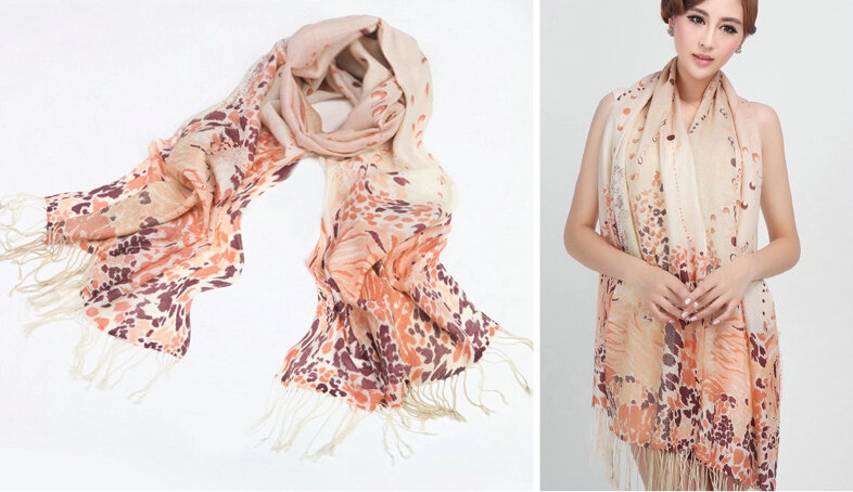 Classic Leopard Printing Wool Shawls Scarf Women Long Warm Pashmina Cape - Beige