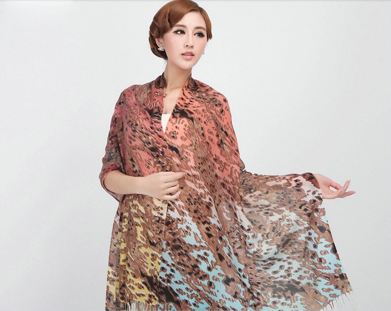 Classic Leopard Printing Wool Shawls Scarf Women Long Warm Pashmina Cape - Orange