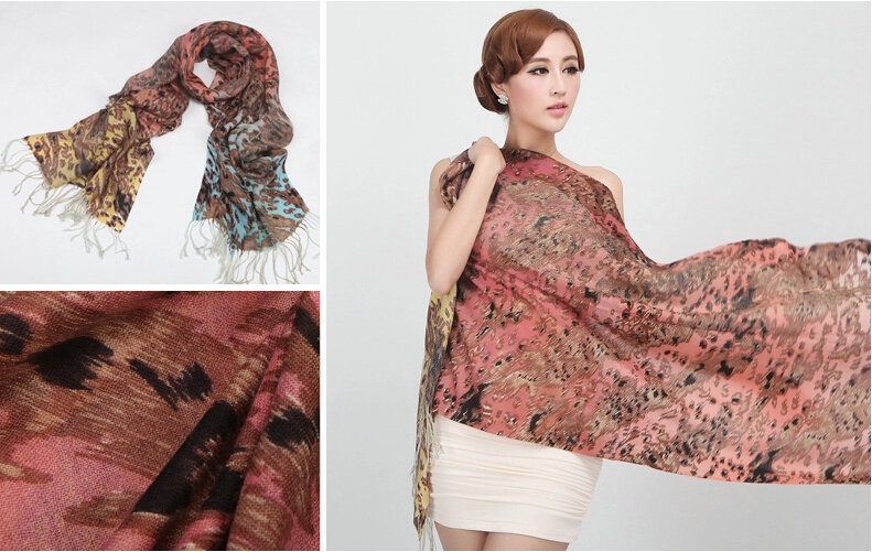Classic Leopard Printing Wool Shawls Scarf Women Long Warm Pashmina Cape - Orange
