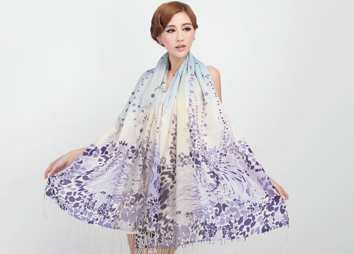 Classic Leopard Printing Wool Shawls Scarf Women Long Warm Pashmina Cape - Purple