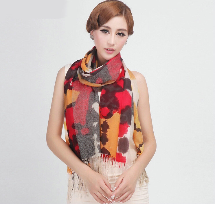 Classic Leopard Printing Wool Shawls Scarf Women Long Warm Pashmina Cape - Red
