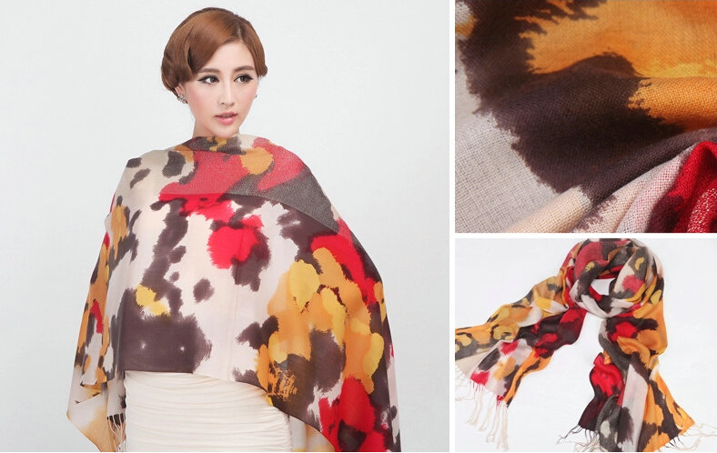 Classic Leopard Printing Wool Shawls Scarf Women Long Warm Pashmina Cape - Red