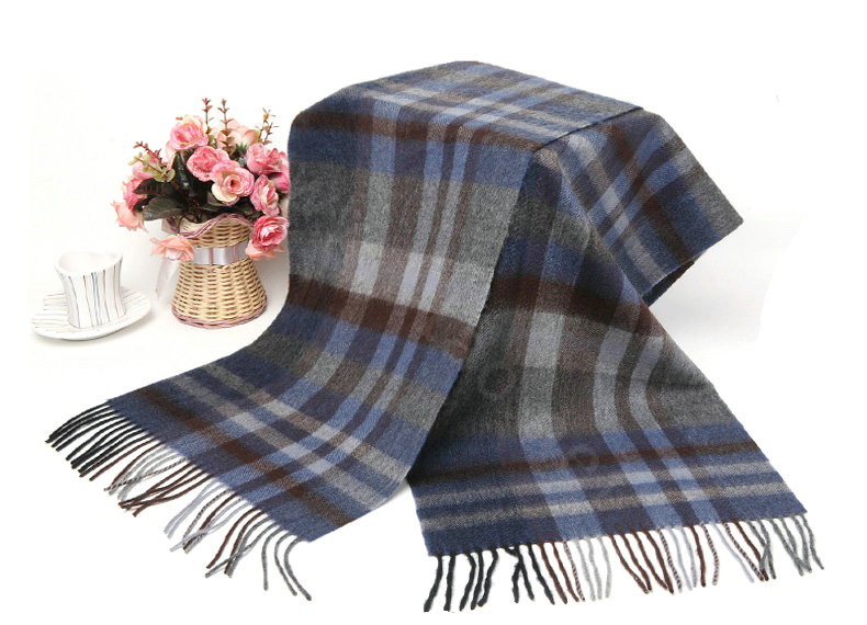 Classic Plaid Long Wool Scarf Man Winter Thicken Business Casual Cashmere Tassels Muffler - Blue