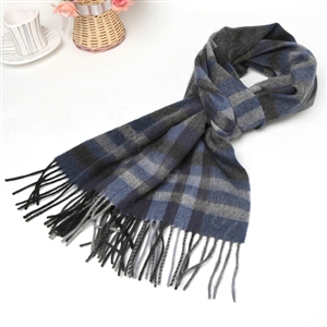 Classic Plaid Long Wool Scarf Man Winter Thicken Business Casual Cashmere Tassels Muffler - Blue