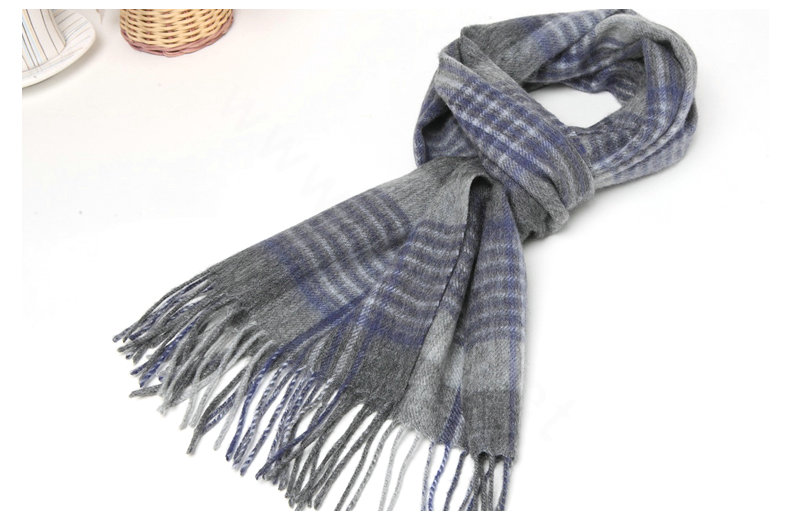 Classic Plaid Long Wool Scarf Man Winter Thicken Business Casual Cashmere Tassels Muffler - Gray Blue
