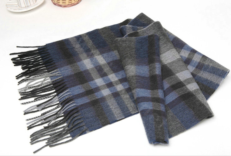 Classic Plaid Long Wool Scarf Man Winter Thicken Business Casual Cashmere Tassels Muffler - Gray Blue