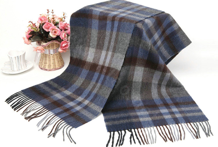 Classic Plaid Long Wool Scarf Man Winter Thicken Business Casual Cashmere Tassels Muffler - Gray Blue
