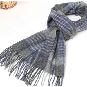 Classic Plaid Long Wool Scarf Man Winter Thicken Business Casual Cashmere Tassels Muffler - Gray Blue