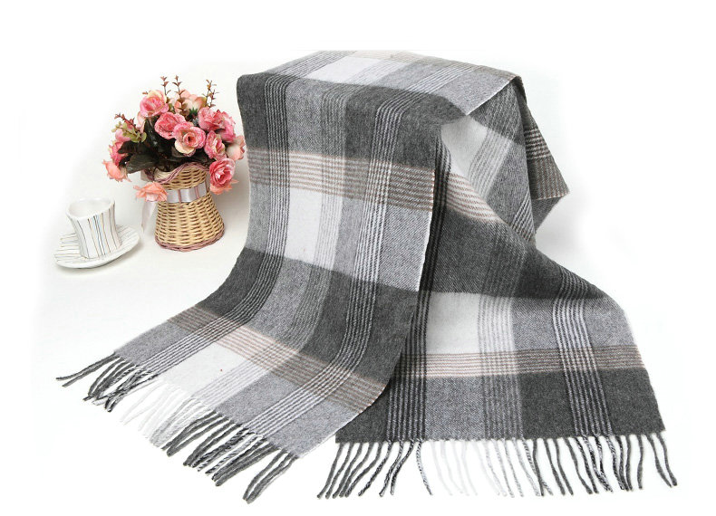 Classic Plaid Long Wool Scarf Man Winter Thicken Business Casual Cashmere Tassels Muffler - Gray