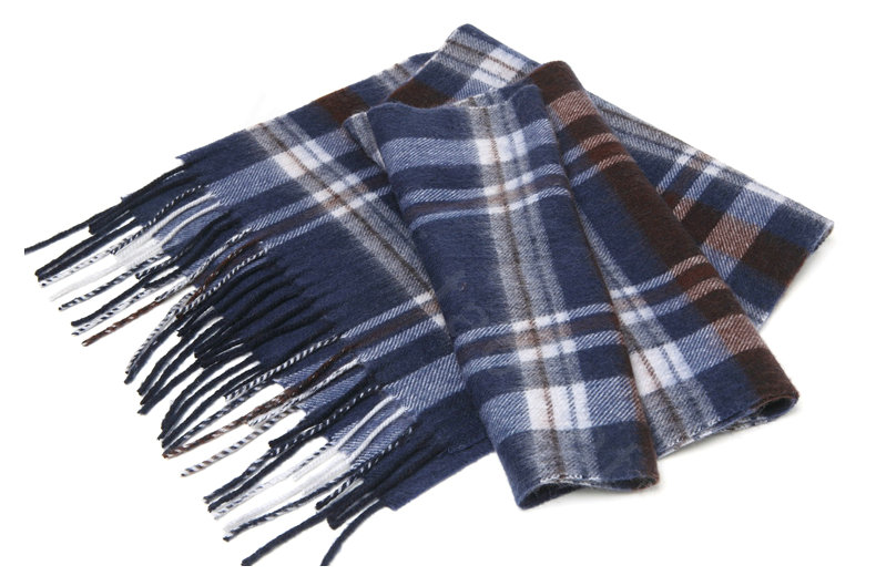 Classic Plaid Long Wool Scarf Man Winter Thicken Business Casual Cashmere Tassels Muffler - White Blue