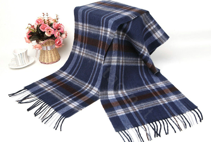 Classic Plaid Long Wool Scarf Man Winter Thicken Business Casual Cashmere Tassels Muffler - White Blue